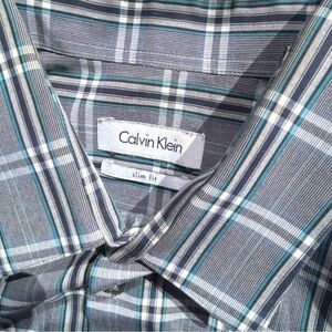 Size 16 Slim Calvin Klein Men's Blue White Plaid Long Sleeve Button Down Shirt